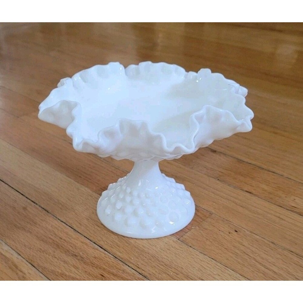 Vintage Fenton Silver Crest Milk Glass Pedestal Compote Ruffled Edge Hobnail C41
